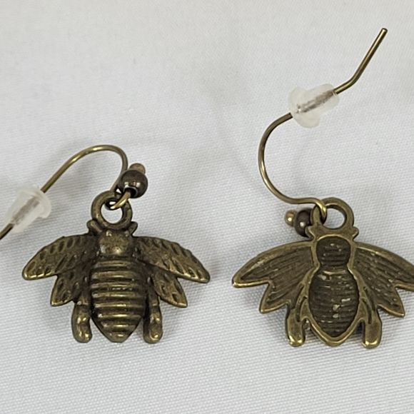 Handmade Antique Bronze Earrings Metal Bumble Bee Hypoallergenic Dangle Hook - Picture 5 of 12